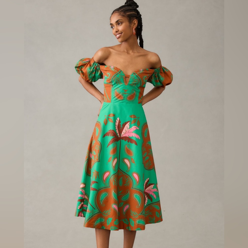Anthropologie Maeve Green and Orange Off Shoulder Midi Dress